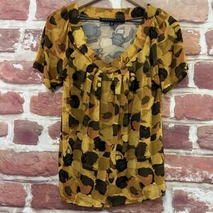 Kasper Top Women's Small Petite Mustard Yellow Multicolor Abstract Shirt